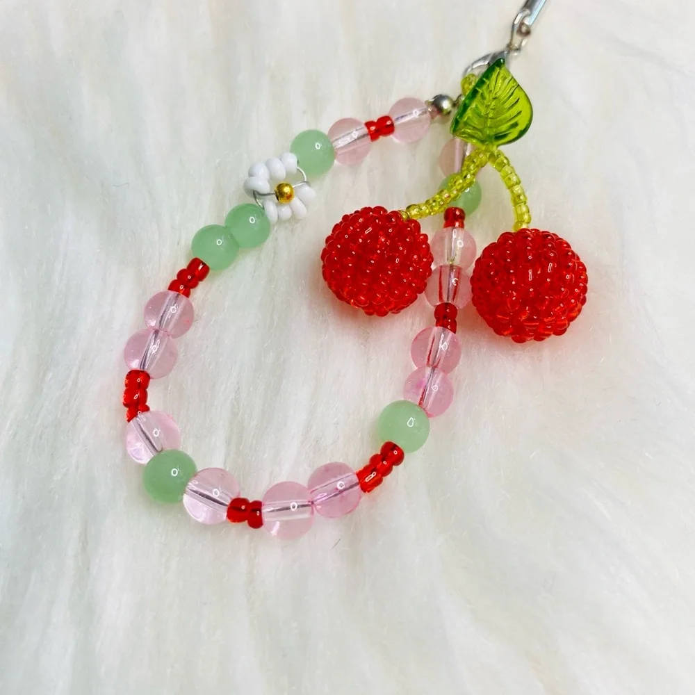 Red Cherry Phone charm Beaded Key Fob agenda Charm Kawaii new birthday gift